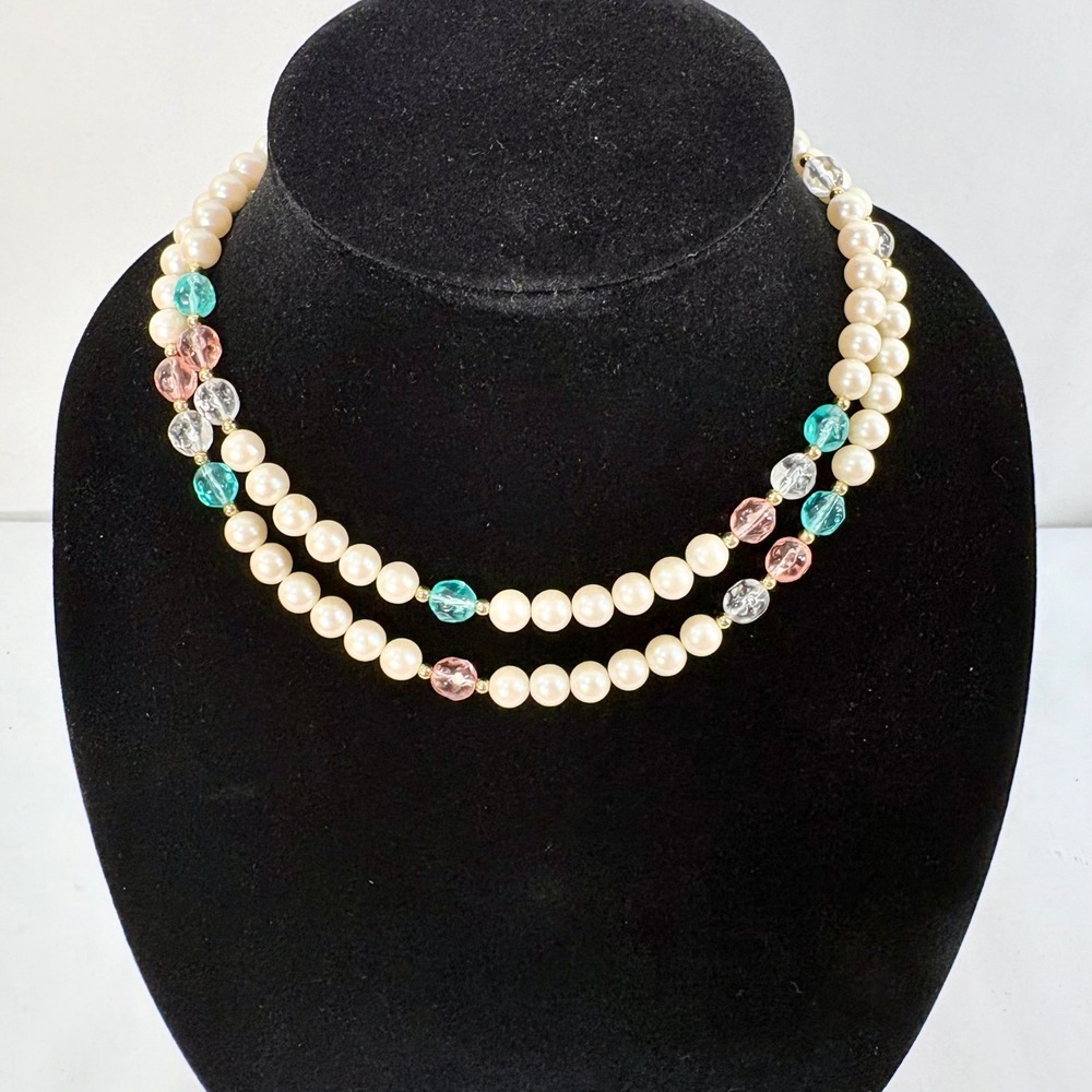 Monet Necklace Cream Faux Pearl Teal Pink Clear Glass Bead Long Strand Vintage